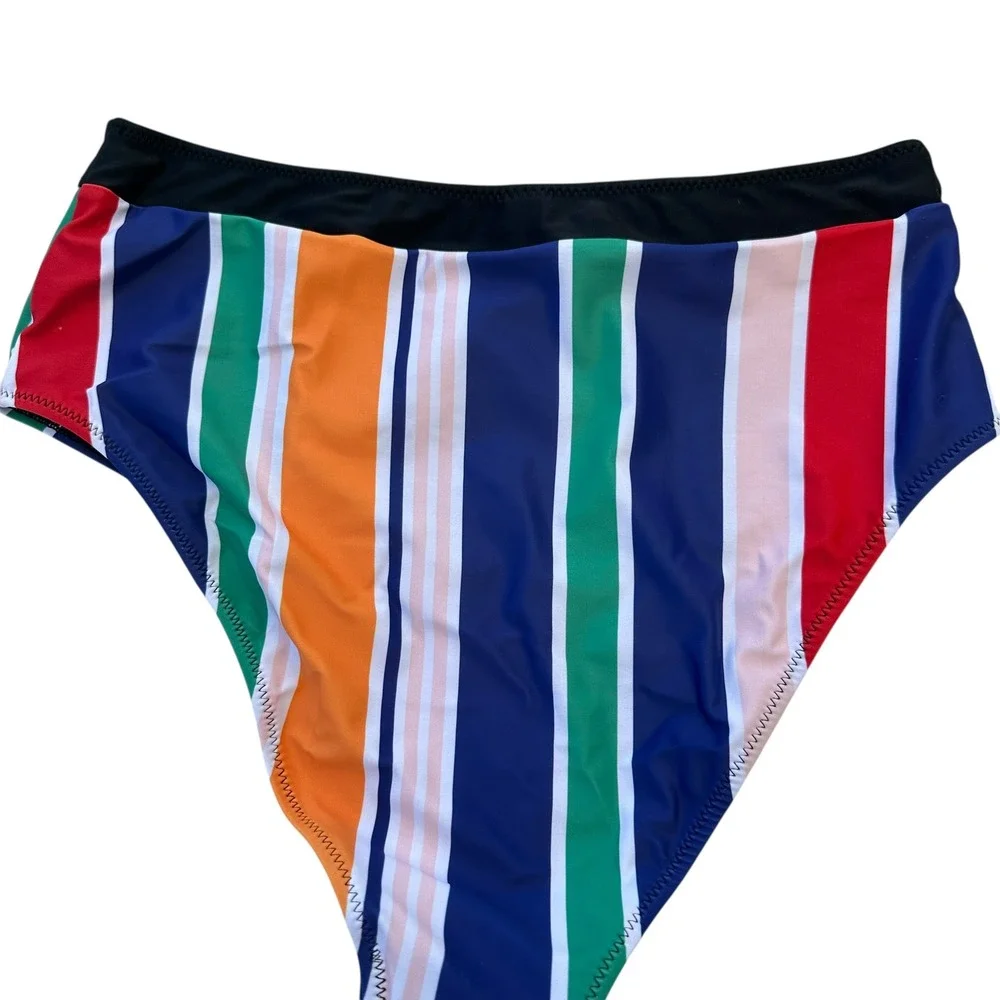 Live Life On The Beach Bottom High Waist Striped Swimsuit Beach Retro Large‎ NWT